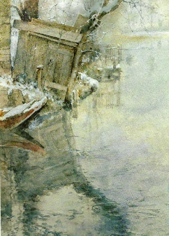 Carl Larsson vinter i grez-sur-loing-tvattbrygga vid loing-floden France oil painting art